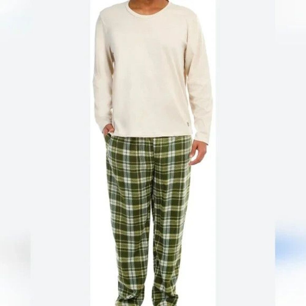 FRYE Sleepwear Mens XL Cream Thermal Henley Green Plaid Fleece Pants Pajama Set